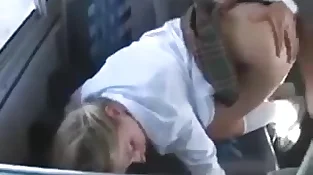 Teenage nymph pummels an Japanese dude in a college bus