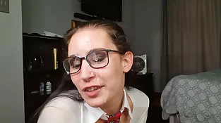 Nerdy chick with glasses throating dick, jizz on glasses