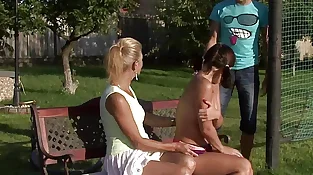 Finding highly elderly mom playing youthfull puss outdoors